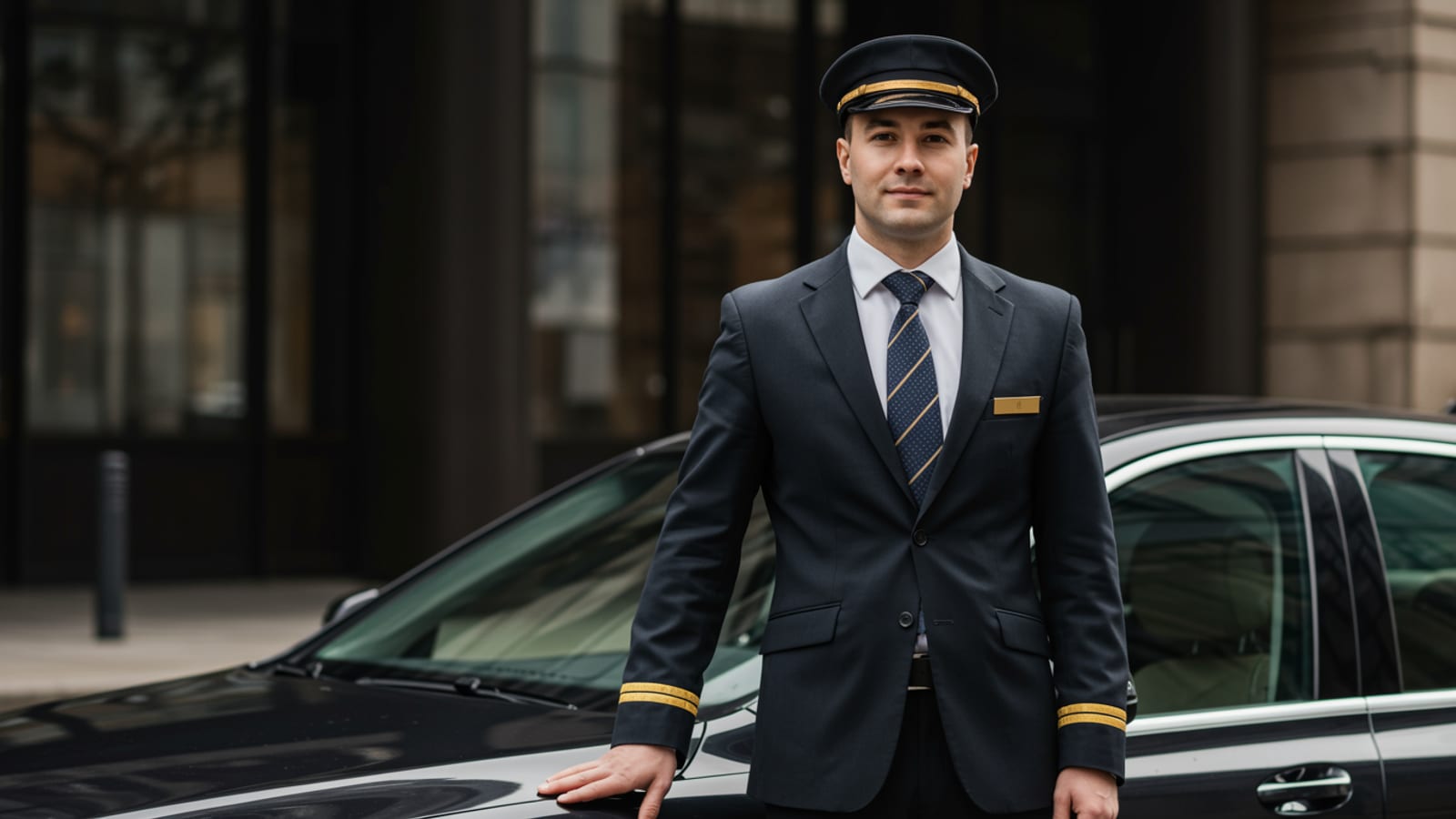 A uniformed chauffeur standing beside a black sedan