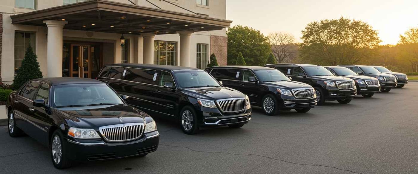 A row of black cars outside a hotel at dusk