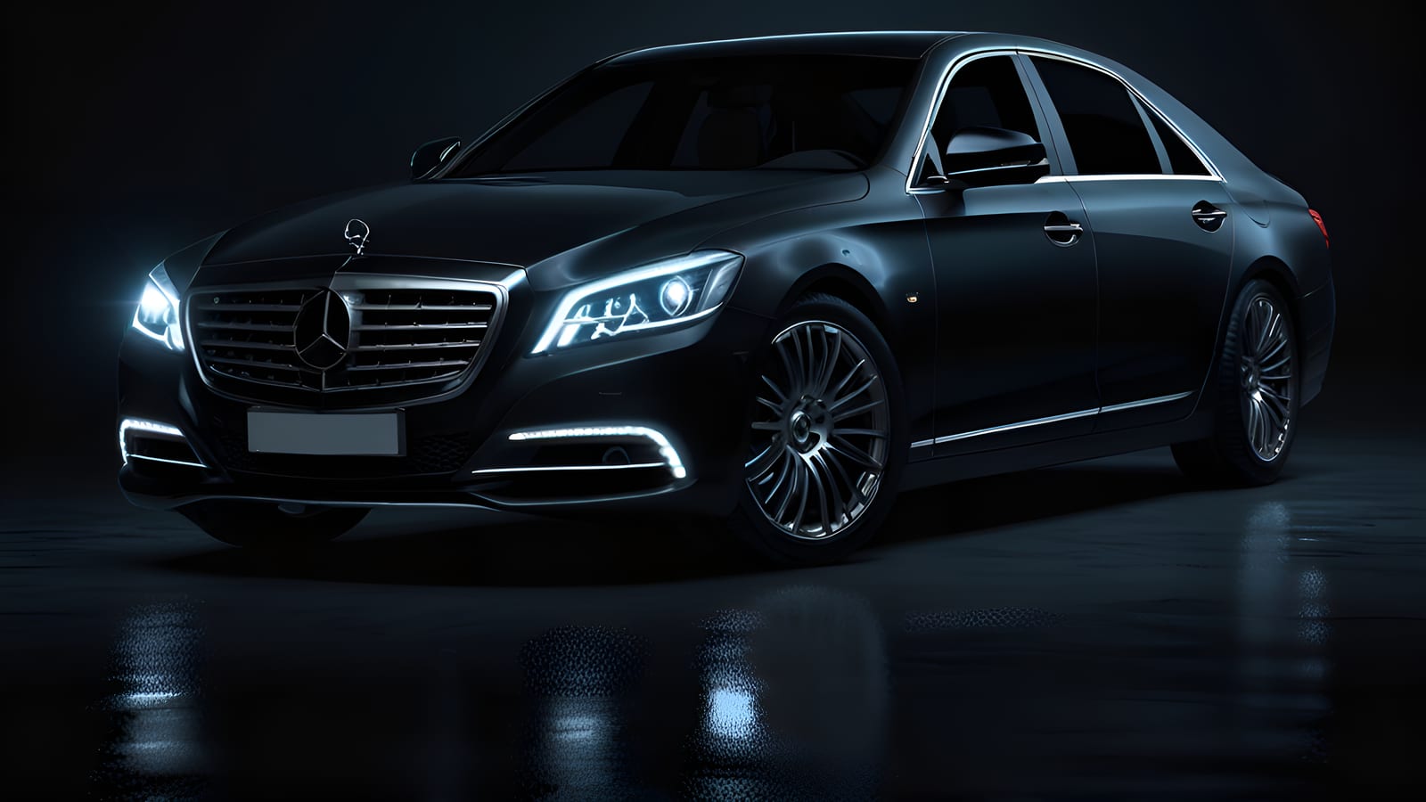 A black luxury sedan with its headlights lit