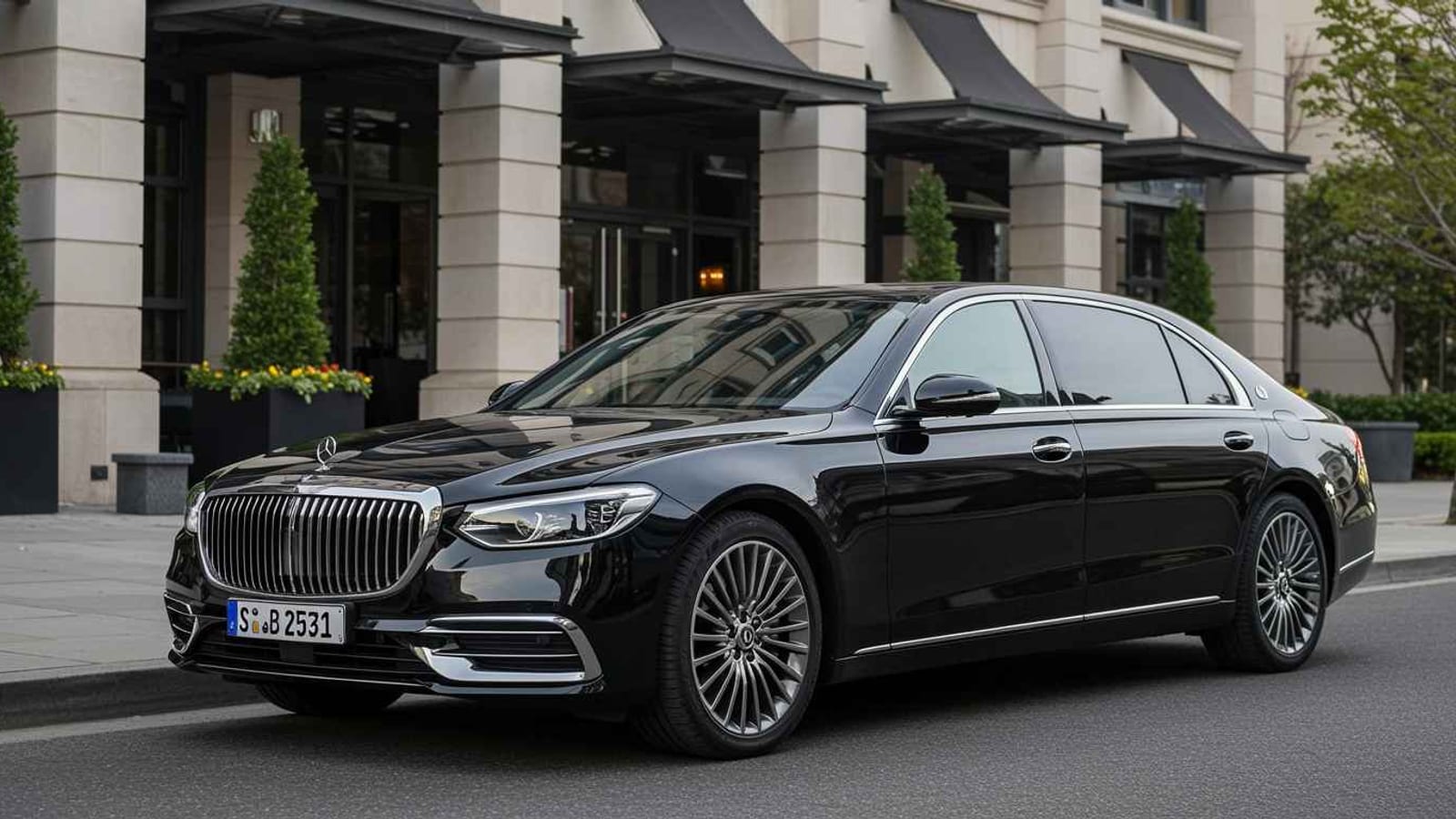 A black sedan waiting outside a hotel entrance