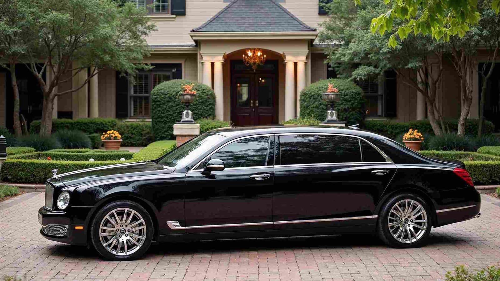A black sedan waiting outside a wedding venue