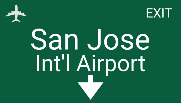 San Jose International Airport exit sign, part of Travis Airport Shuttle service destinations